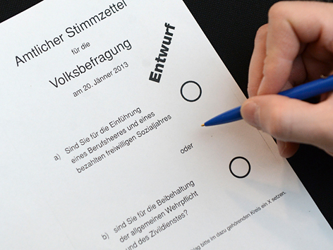 Stimmzettel für die Volksbefragung am 20. Jänner 2013 über die Wehrpflicht