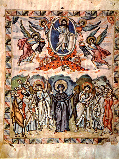 Christi Himmelfahrt in einer Darstellung in einem Kodex in der Biblioteca Mediceo Laurenziana aus dem 6. Jahrhundert