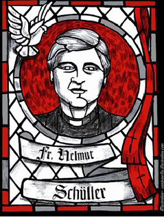 Zeichnung von Helmut Schüller als Motiv eines gläsernen Kirchenfensters