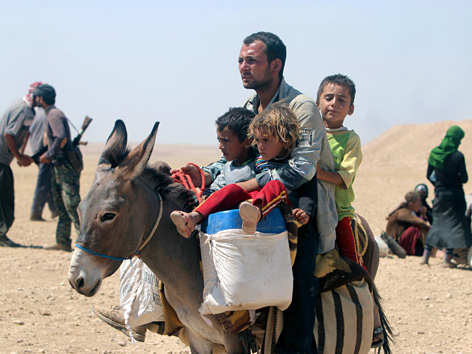 Jesidischer Mann mit Kindern auf einem Esel, Flucht vor Dschihadisten im Nordirak