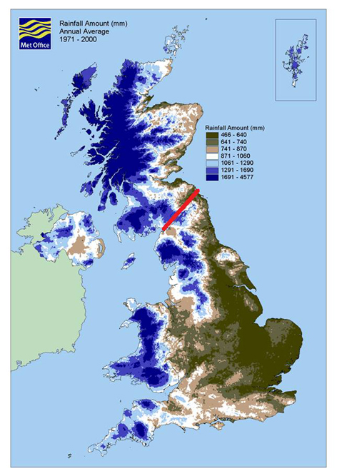 Karte: Durchschnittliche Regenmenge auf den britischen Inseln