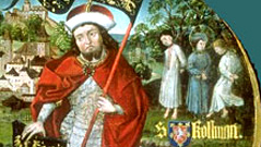 Ausschnitt des Babenbergers Stammbaums mit Markgraf Heinrich I. (li.) und der Hinrichtung des Hl. Koloman (re.)