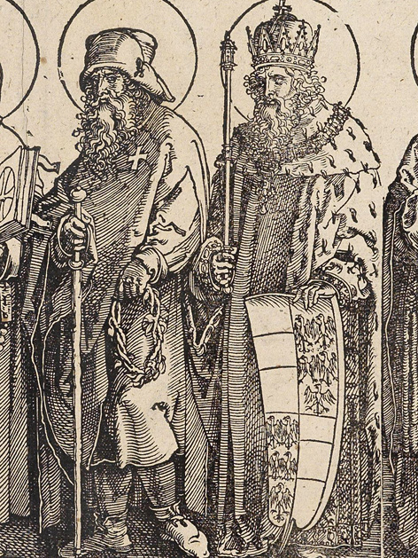 Ausschnitt aus dem Dürer-Holzschnitt "Die Schutzheiligen von Österreich", um 1625 zeigt die Heiligen Koloman und Leopold