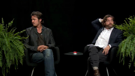 Brad Pitt und Zach Galifianakis sitzen zwischen zwei Farnen