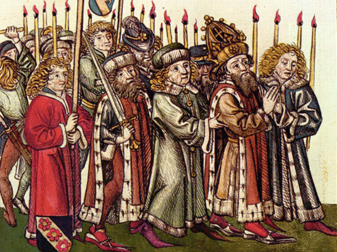 König Sigismund auf dem Zug ins Münster (aus der Chronik des Konzils von Konstanz des Ulrich Richental)