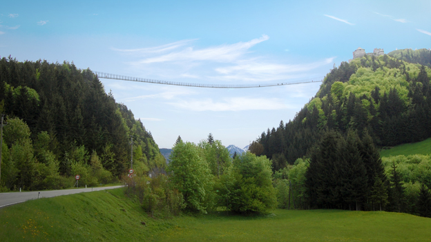 Das Rendering zeigt die künftig längste Fußgängerhängebrücke der Welt im Tiroler Reutte