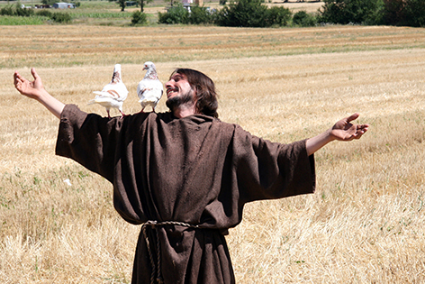 Franz von Assisi: Mann mit Bart in brauner Robe mit weißen Vögeln auf der Schulter.