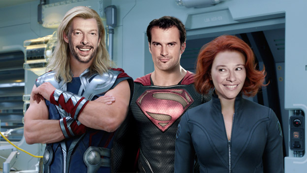 Robert Kraty als Thor, Sigi Fink als Superman und Sandra König als Black Widow