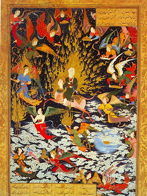 Persische Miniaturmalerei aus dem 16. Jahrhundert mit dem  Aufstieg Mohammeds  in den Himmel