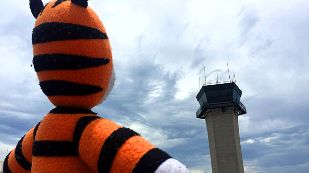 Stofftiger Hobbes besichtigt den Traffic Tower am Tampa International Airport