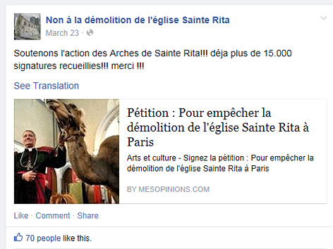 Screenshot von der Facebook-Seite "Non a la demolition de l'eglise Sainte Rita"
