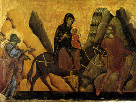 Maria mit Jesus auf dem Esel, gemeinsam mit Josef auf der "Flucht nach Ägypten", Gemälde von Guido da Siena, 1275-1280