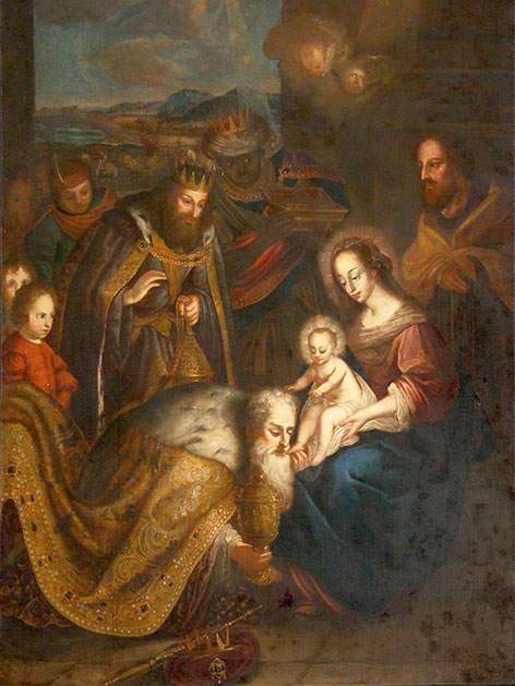 Die heiligen drei Könige bei Jesus, Maria und Josef. Gemälde