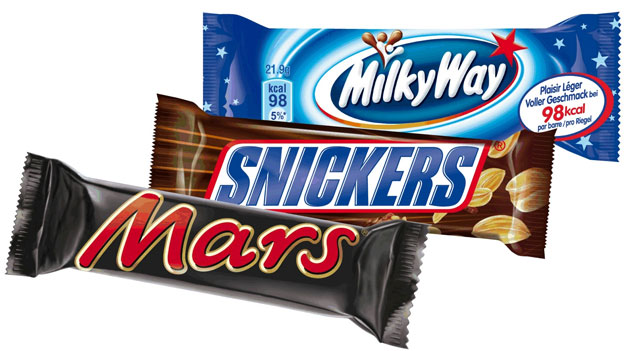Mars, Snickers und Milky Way Schokoriegel