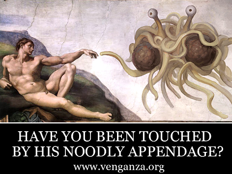 Bildmontage aus Michelangelos "Adam" und dem Fliegenden Spaghettimonster