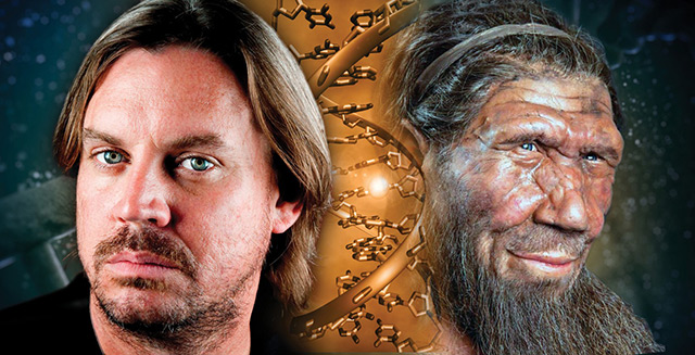 Links ein moderner Mensch mit Bart, rechts die Illustration eines Neandertalers, dazwischen eine DNA-Helix