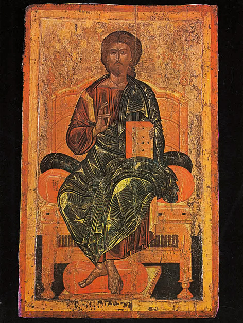 Christus Pantokrator auf dem Thron: Ikone aus der Kirche "Hl. Johannes der Täufer" in Nessebar, Bulgarien, Anfang des 17. Jahrhunderts