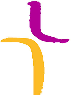 Das Logo der evangelischen Kirche Österreich: Ein Kreuz aus zwei Pinselstrichen in gelb und violett
