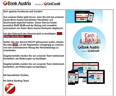 ein gefälschtes E-Mail der Bank Austria