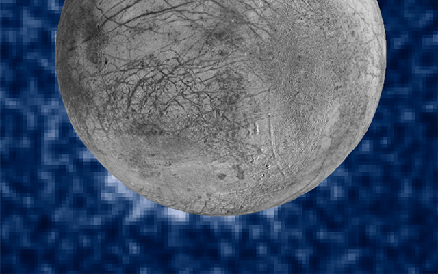 Jupitermond Europa, auf der Südhalbkugel sichtbar: Fontänen