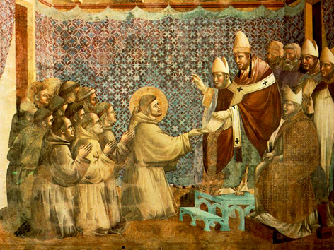 Franz und seine Brüder erbitten die Bestätigung der Regel: Fresko von Giotto di Bondone, um 1295, Oberkirche San Francesco in Assisi