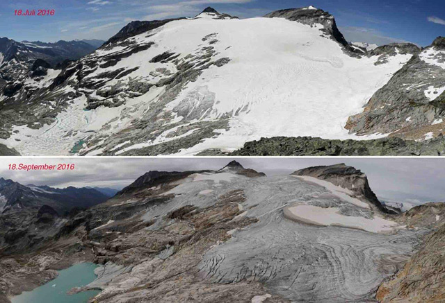 Ein Vergleich 18. Juli - 18. September. Nach dem späten Beginn der Eisabschmelzung war der Gletscher nach zwei Monaten stark ausgeapert