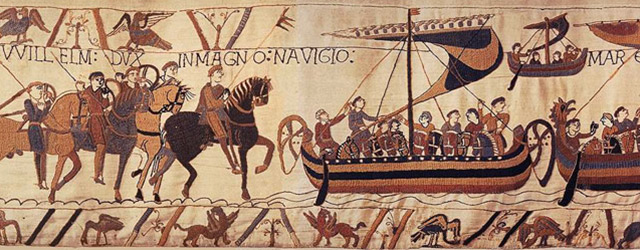Ausschnitt Teppich von Bayeux: Normannische Krieger in Schiffen