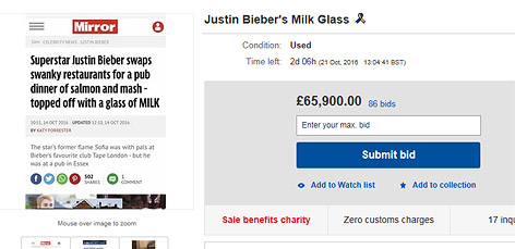 Zwischenstand bei der Versteigerung von Justin Biebers Milchglas.