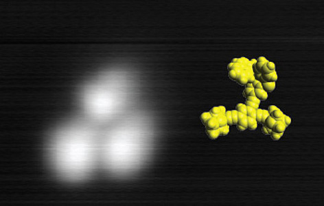 Nanomaschinen (weiß) auf einer Kupferoberfläche (grau), aufgenommen bei minus 267 Grad Celsius mit einem Rastertunnelmikroskop, plus Modell der Molekülmaschine (gelb)