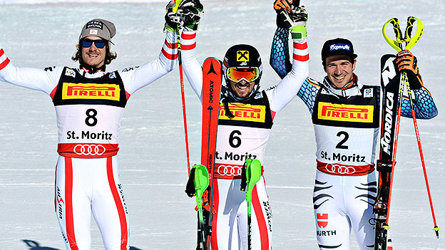 Siegerfoto des WM-Slaloms der Herren in St. Moritz mit Marcel Hirscher (1.), Manuel Feller (2.) und Felix Neureuther (3.).