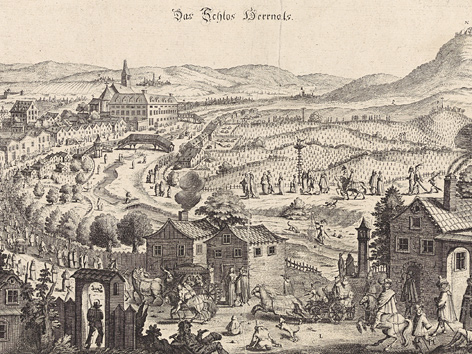 Matthäus d. Ältere Merian: Ansicht von Hernals: "Auslaufen“ der Wiener Protestanten zum Gottesdienst in die evangelische Hochburg", 1649 (Ausschnitt)