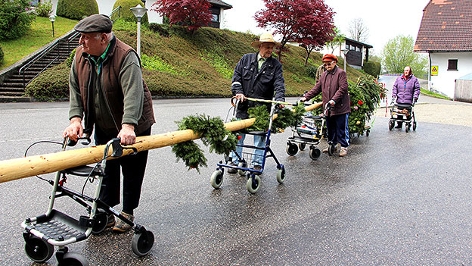 Senioren transportieren mit ihren Rollatoren einen Maibaum.