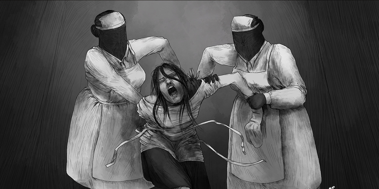 Frau wird von gesichtslosen Krankenschwerstern gehalten, Zeichnung