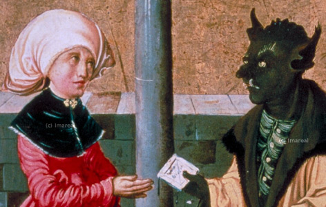 „Der Teufel bringt die falsche Botschaft“, Szene aus der Legende der Heiligen Kosmas und Damian, stammt von einem Altar um 1500 in Wien