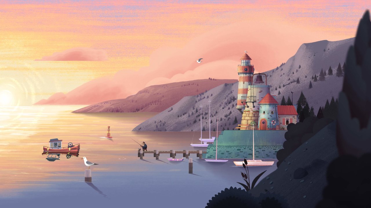 Ein Leuchtturm und ein kleines Boot. Screenshot aus "Old Man's Journey".