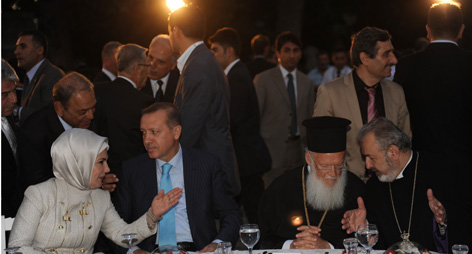 Emine Erdogan (L), Recep Tayyip Erdogan (2nd L), Ecumenical Patriarch Bartholomew (C), Armenian Orthodox Archbishop Aram Atesyan (