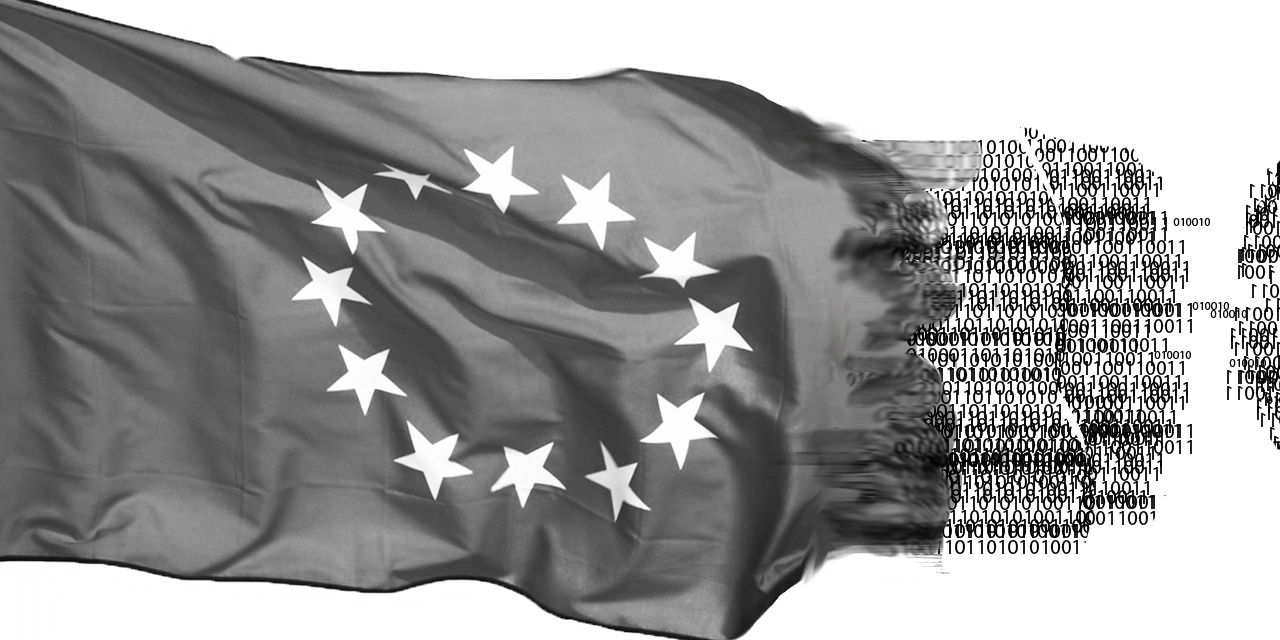 EU Flagge, die in Nullen und Einsen ausfranst