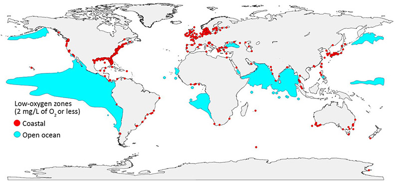 Weltkarte mit sauerstoffarmen Zonen in den Weltmeeren