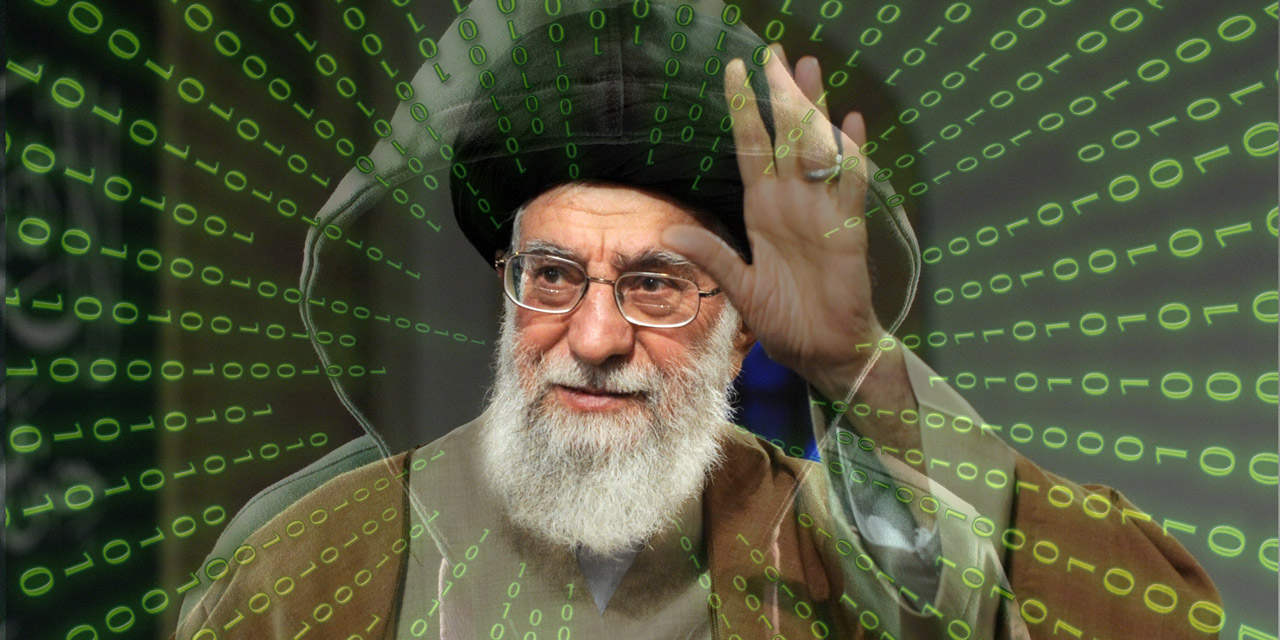 Ein Datenstrom kommt aus dem Porträt von Ali Khamenei