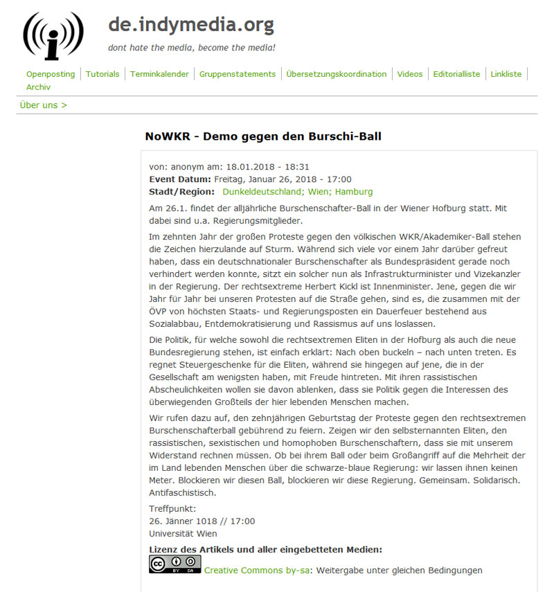 Screenshot von der Plattform Indymedia hinsichtlich der Proteste gegen den Akademikerball