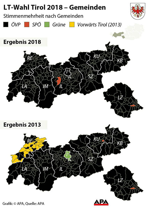 LT-Wahl in Tirol: Stimmenmehrheit nach Gemeinden - Grafik