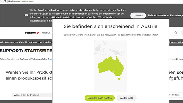 Screenshot der Supportseite mit Australien statt Österreich