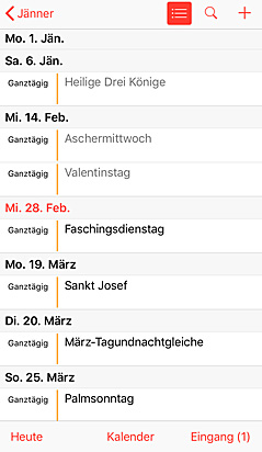 Der iPhone-Kalender zeigt den Faschingsdienstag für 28. Februar an