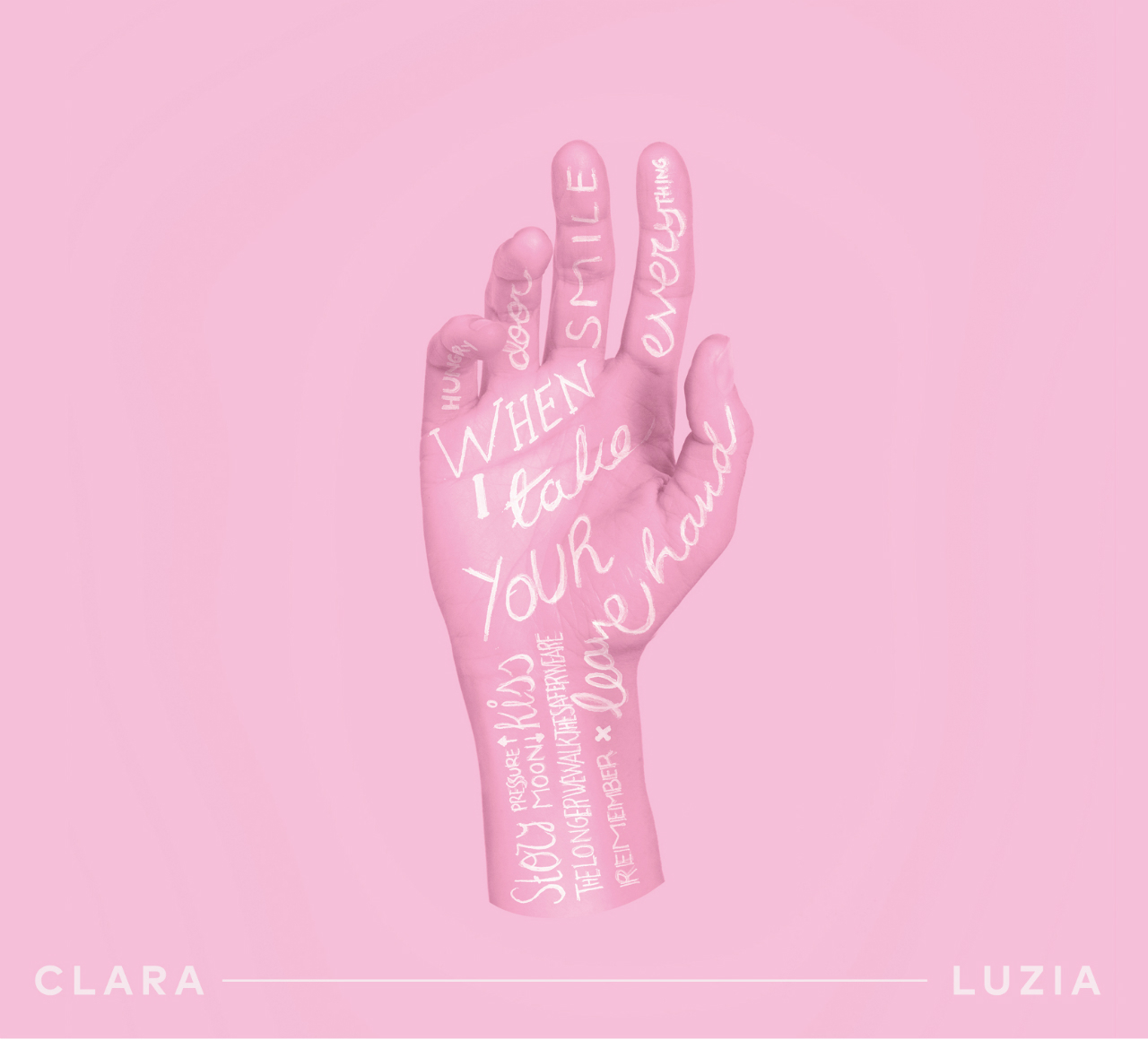 Plattencover "When I Take Your Hand" von Clara Luzia, eine tätowierte Hand, alles in pinker Farbe getaucht