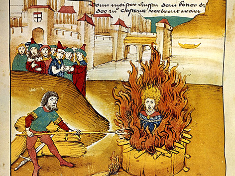 Jan Hus auf dem Scheiterhaufen (Spiezer Chronik, 1485, Ausschnitt)