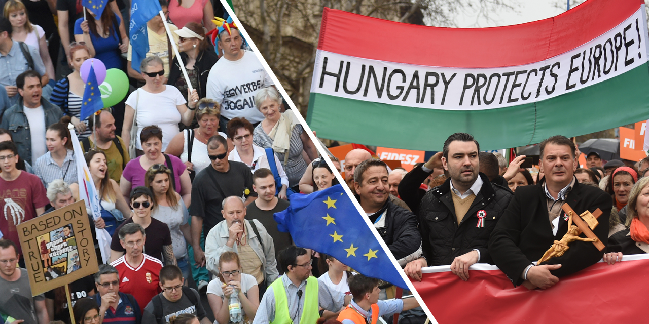Bilder zweier Demos: Einmal gegen, einmal für die Politik Viktor Orbáns