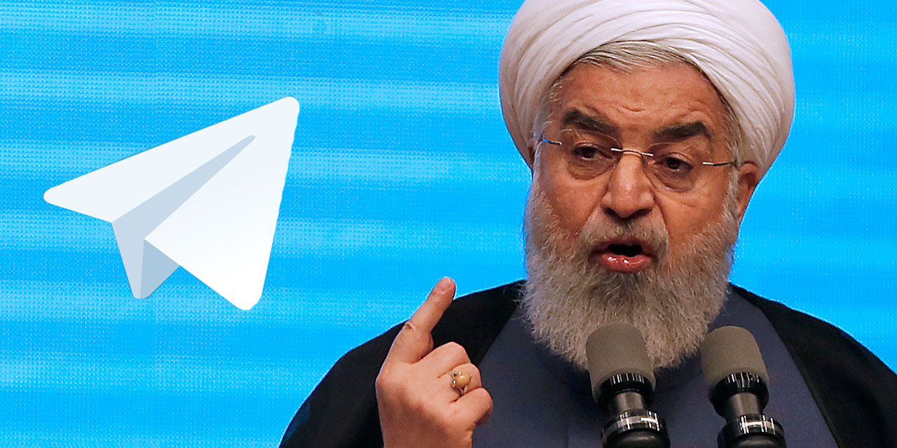 Hassan Rouhani mit erhobenem Zeigefinger und das Telegram-Logo