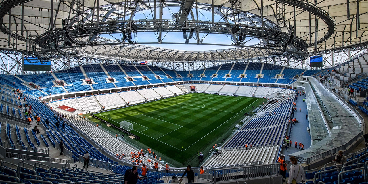 A view of the pitch and the stands of Volgograd Arena in Volgograd on May 9, 2018 The nearly 45,000- seater stadium will host four World Cup matches