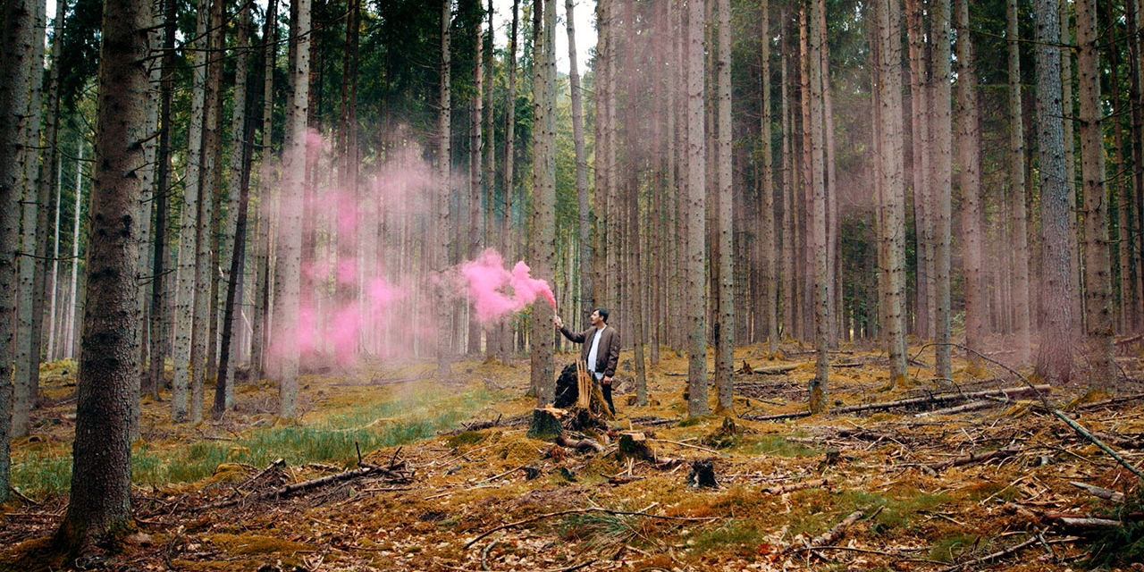 Man mit pinker Rauchkanone im Wald