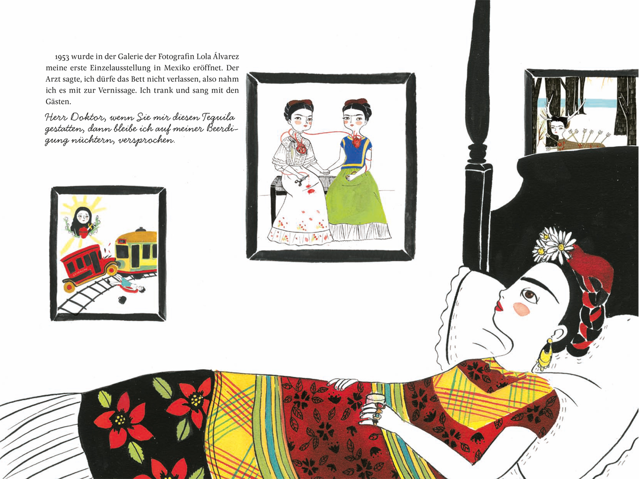 illustration frida kahlo im krankenbett mit bildern